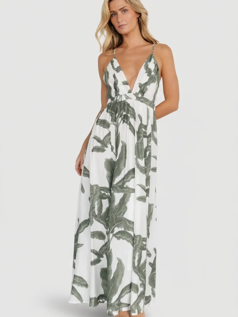 Miramar Maxi Dress Green Print L Tropical Vacation Leaves Floral PLEASE READ - Picture 1 of 16